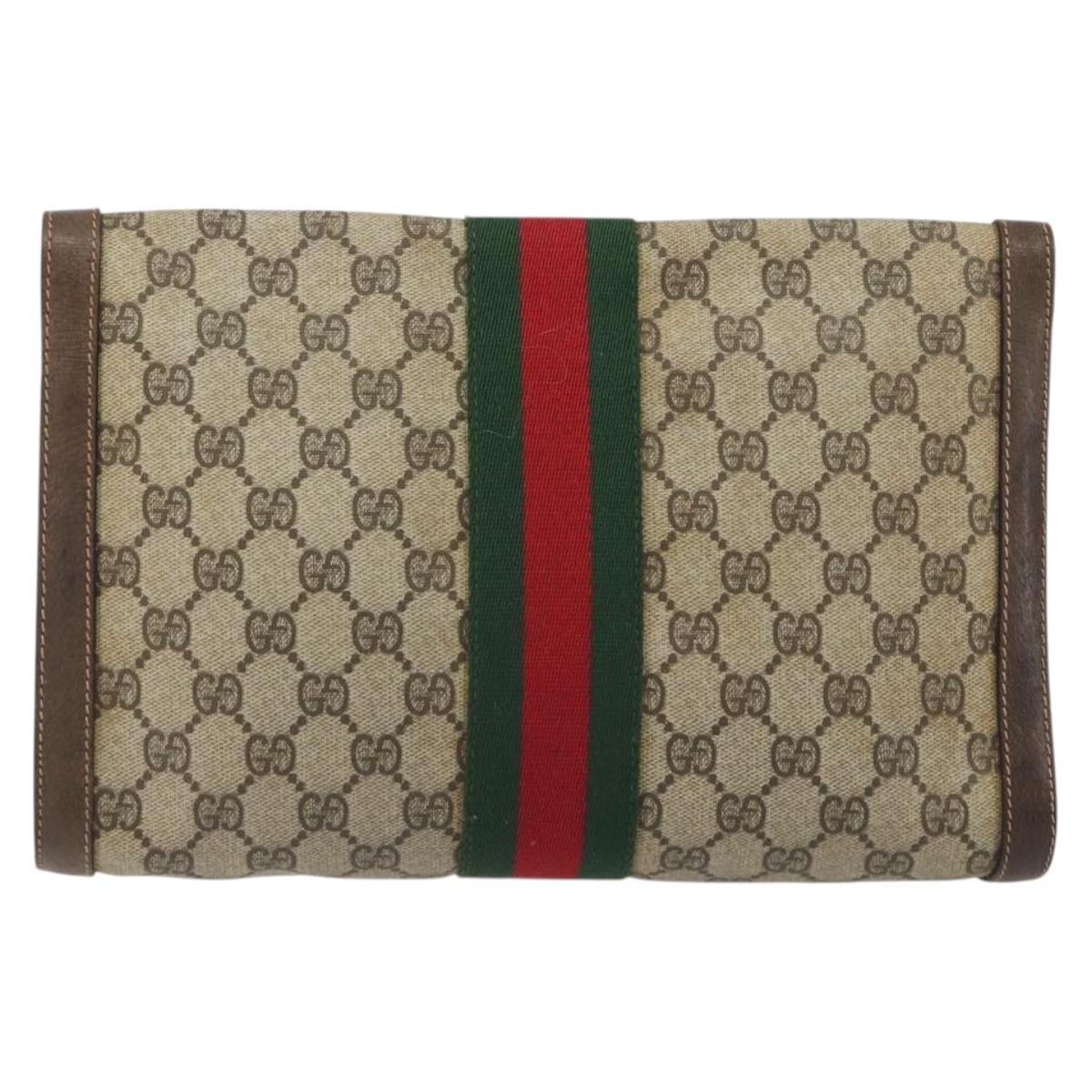 GUCCI PARFUMS GG Supreme Web Sherry Line Clutch Bag PVC Beige Gold Auth 194232