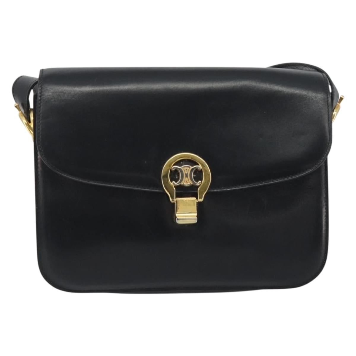 CELINE Shoulder Bag Leather Black Gold Auth 194233