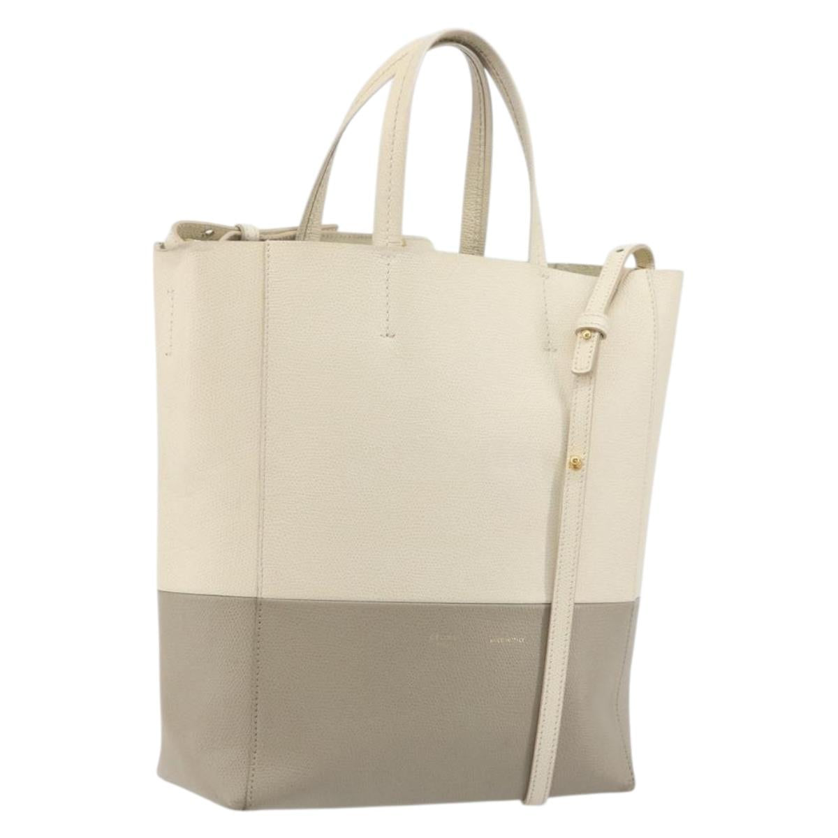 CELINE Vertical Cabas Small Hand Bag Calf Skin 2way White Gray gold Auth 194240
