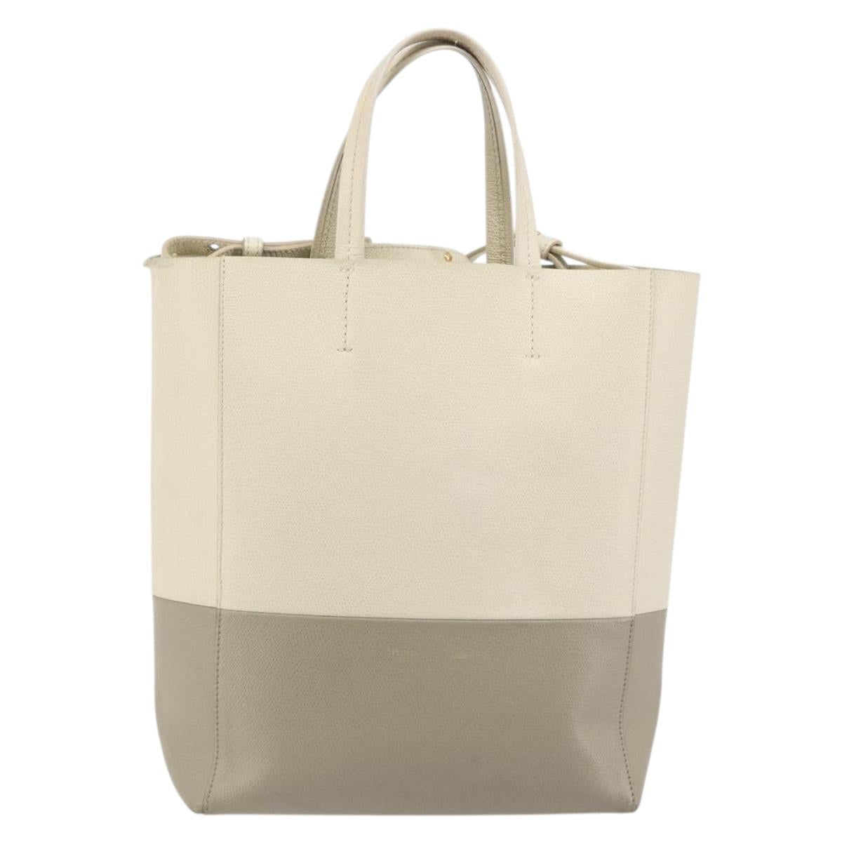 CELINE Vertical Cabas Small Hand Bag Calf Skin 2way White Gray gold Auth 194240