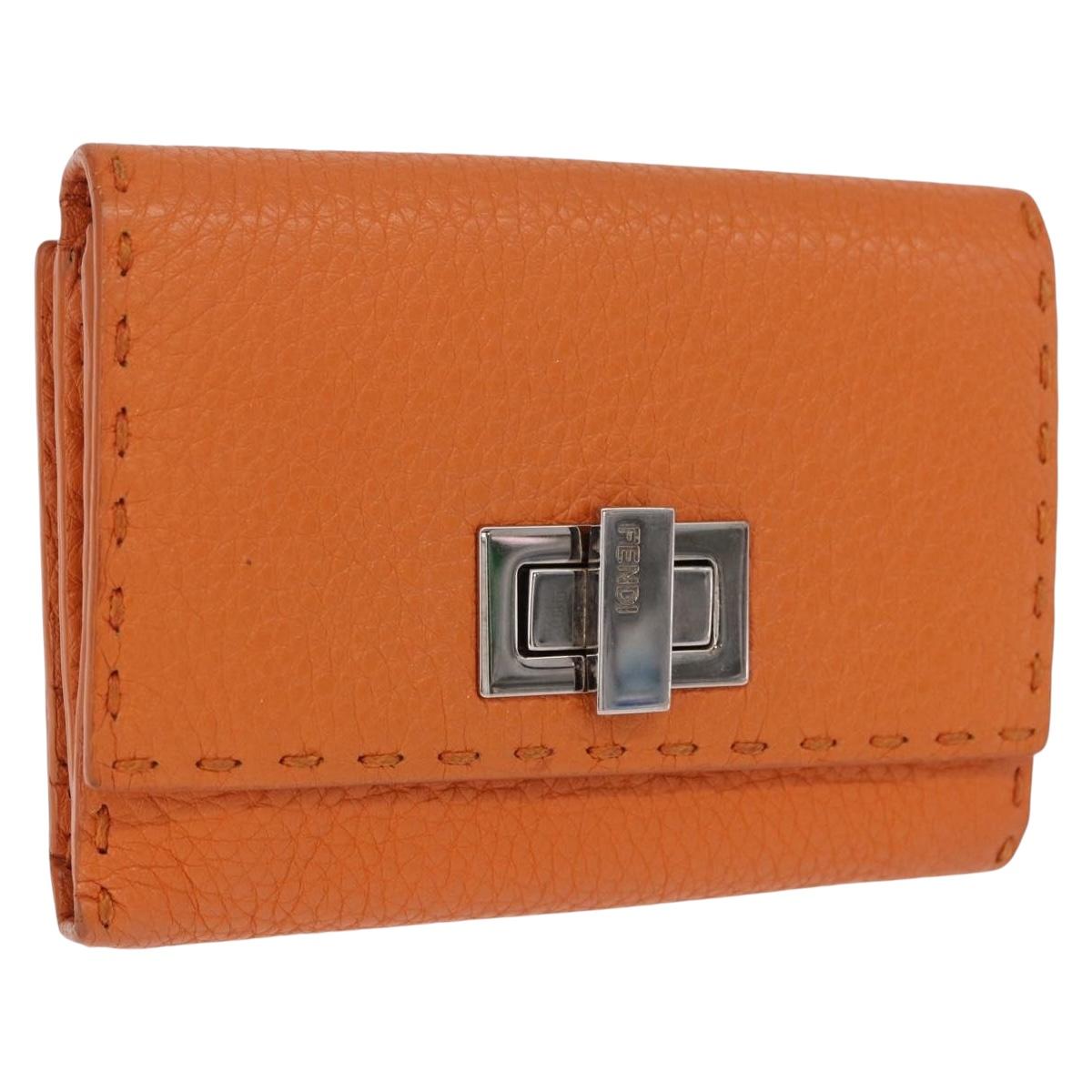 FENDI Celeria Wallet Leather Orange Silver Auth 194243A