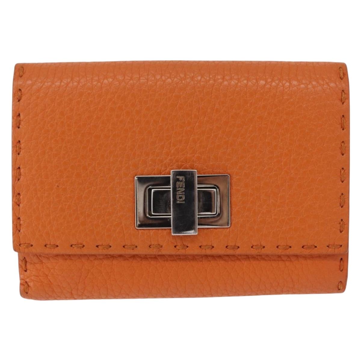 FENDI Celeria Wallet Leather Orange Silver Auth 194243A