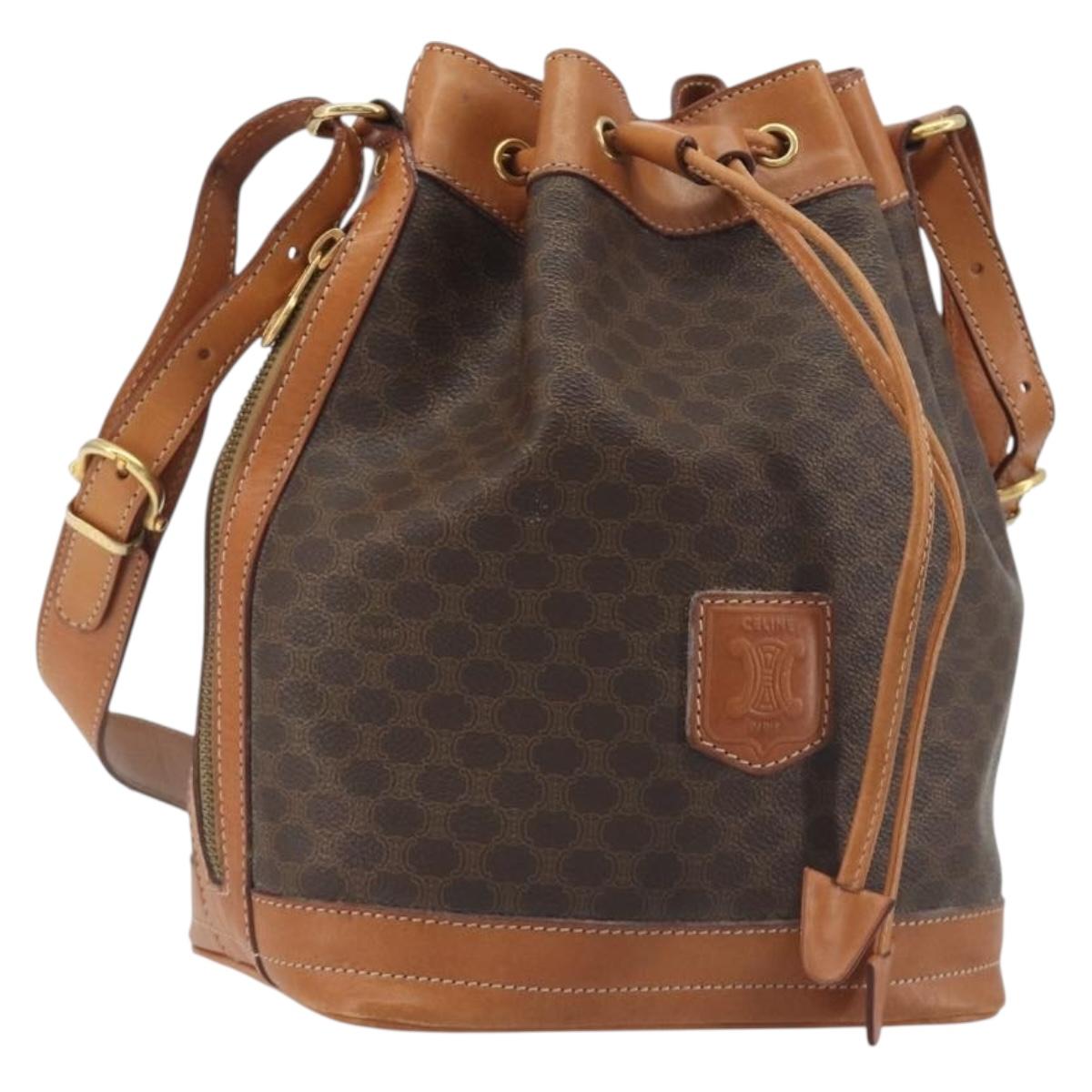 CELINE Macadam Canvas Shoulder Bag PVC Leather Brown Gold Auth 194254A