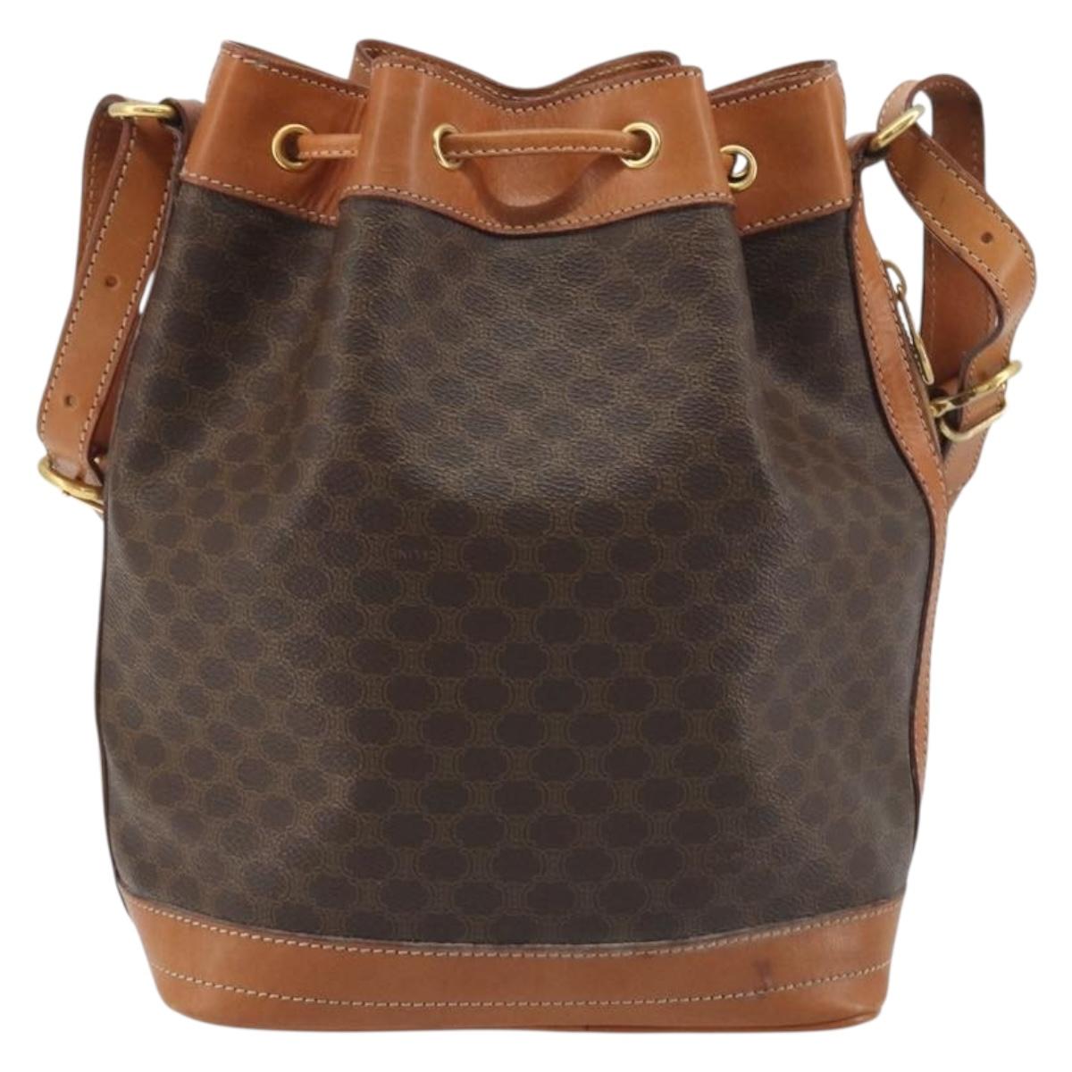 CELINE Macadam Canvas Shoulder Bag PVC Leather Brown Gold Auth 194254A