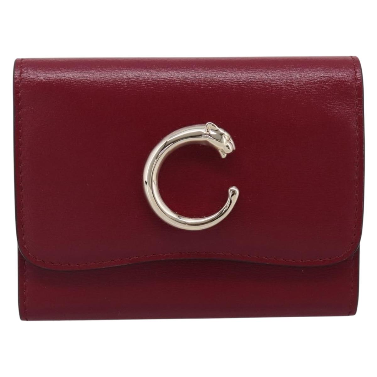 CARTIER PANTHERE Coin Purse Leather Bordeaux Gold Tone Auth 194267M