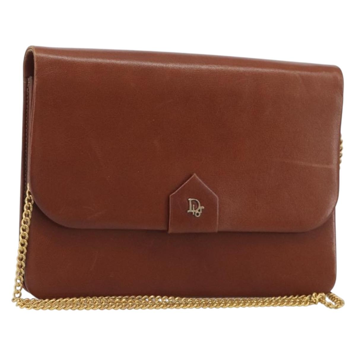 Christian Dior Chain Shoulder Bag Leather Brown Gold Auth 194279