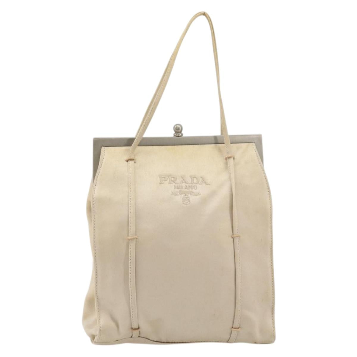 PRADA Hand Bag Satin Beige Silver Auth 194289
