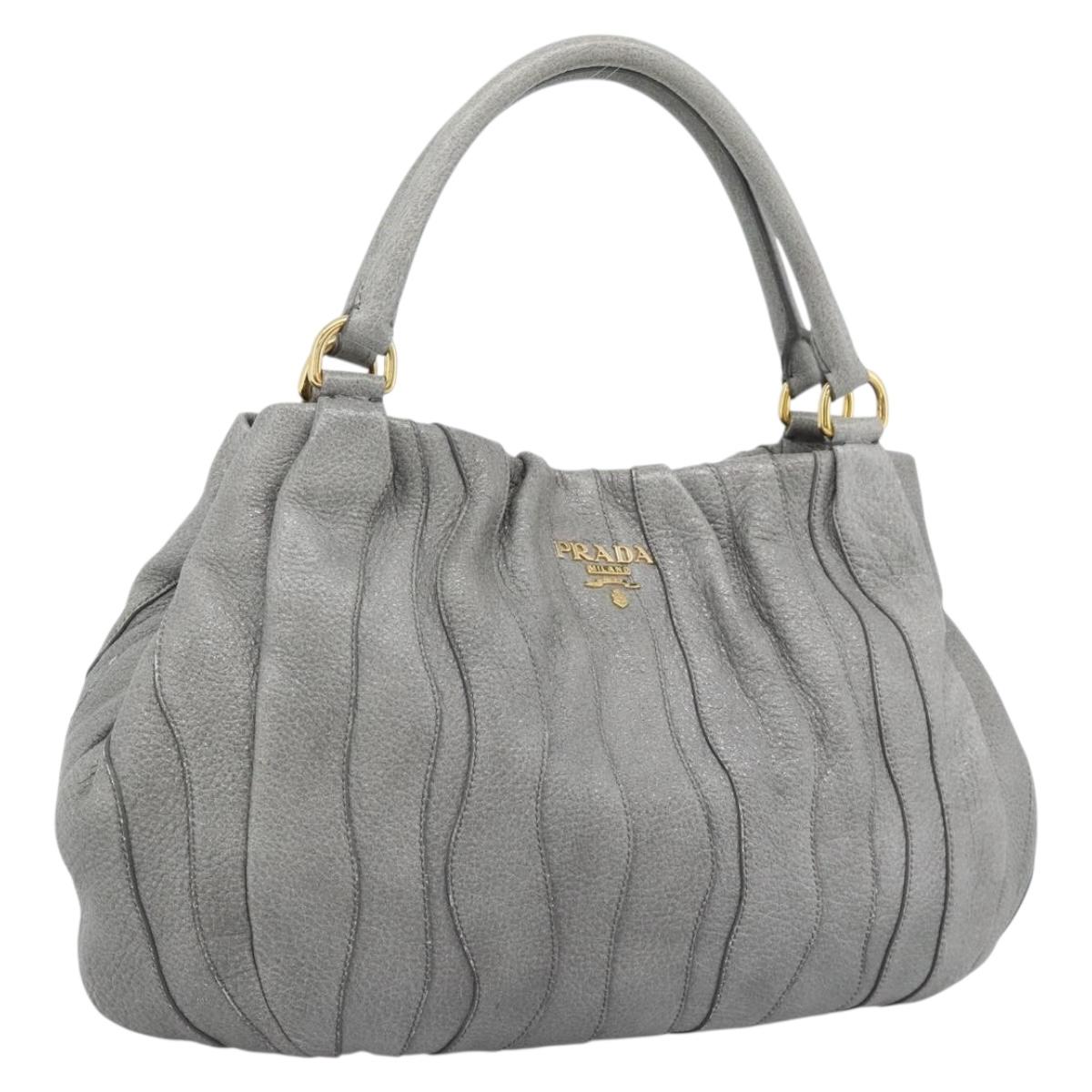 PRADA Hand Bag Leather Gray Gold Auth 194293V