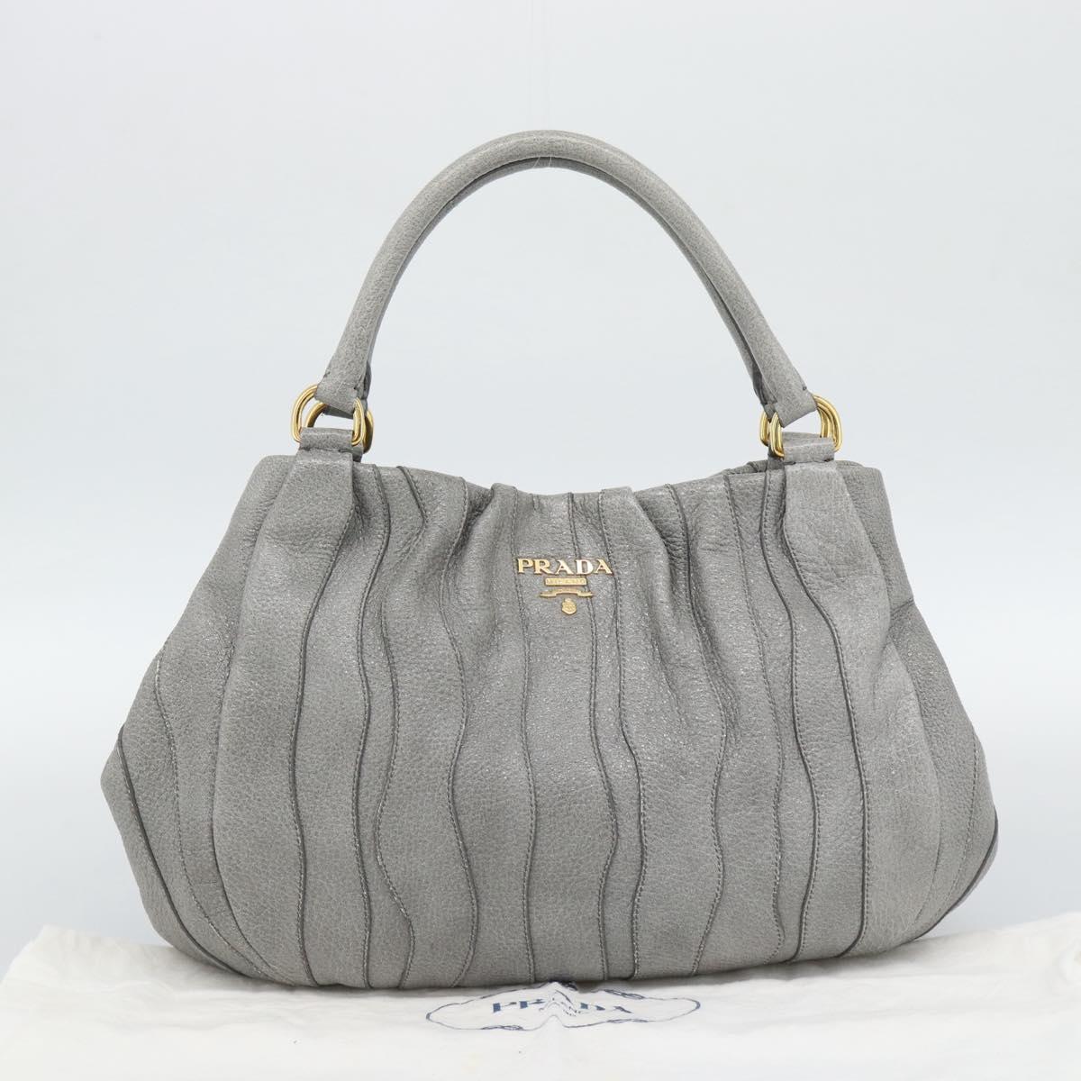 PRADA Hand Bag Leather Gray Gold Auth 194293V