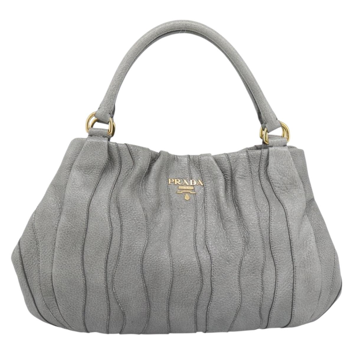 PRADA Hand Bag Leather Gray Gold Auth 194293V