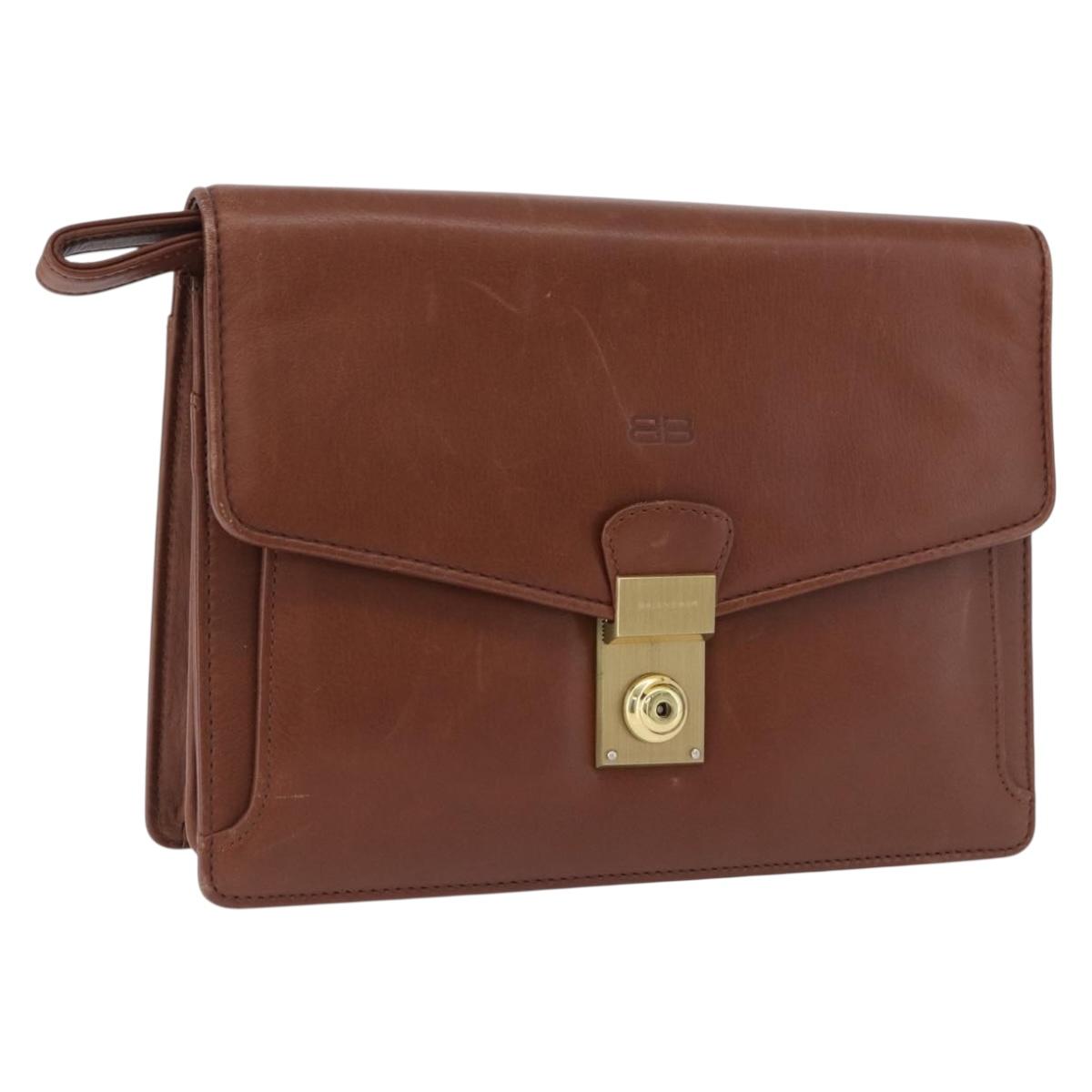BALENCIAGA Clutch Bag Leather Brown Gold Auth 194296