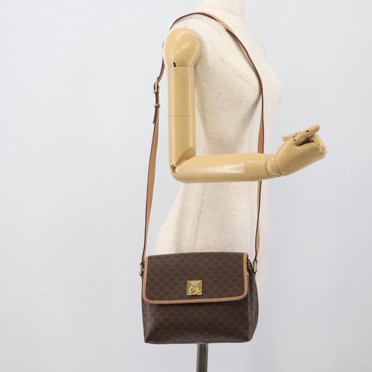 CELINE Macadam Canvas Shoulder Bag PVC Leather Brown Gold Auth 194297A