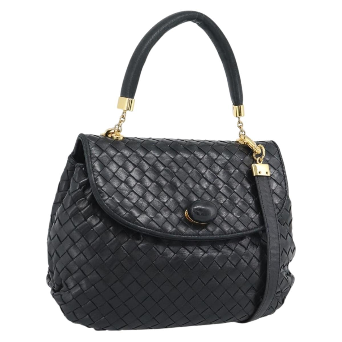 BOTTEGA VENETA INTRECCIATO Hand Bag Leather 2way Black Gold Auth 194310V