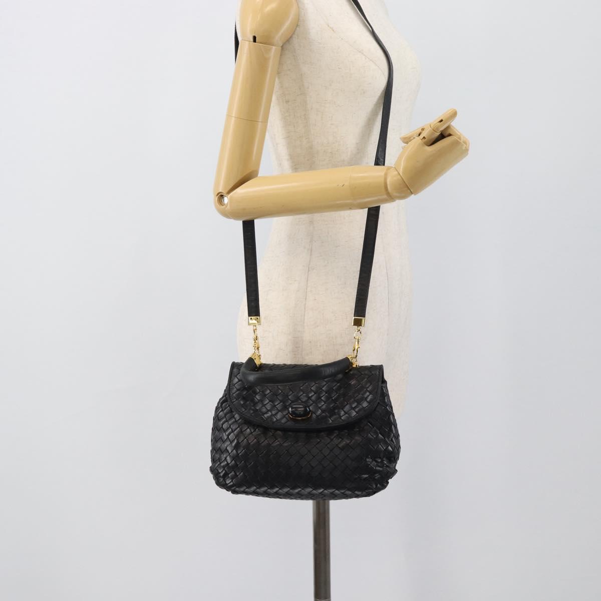BOTTEGA VENETA INTRECCIATO Hand Bag Leather 2way Black Gold Auth 194310V