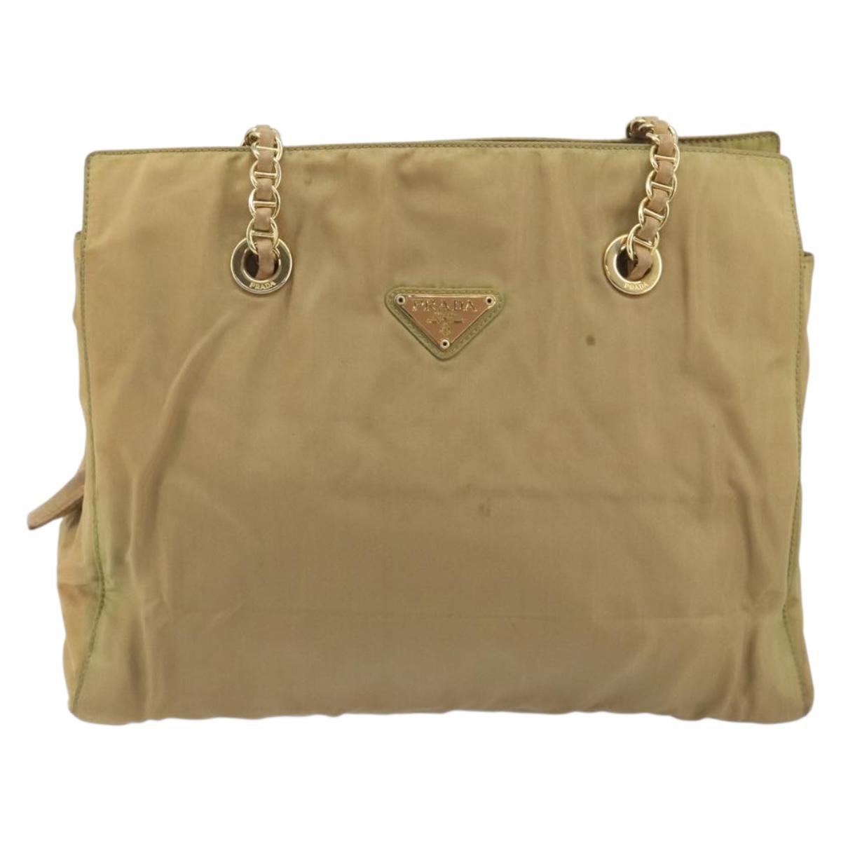 PRADA Chain Tote Bag Nylon Beige Gold Auth 194329