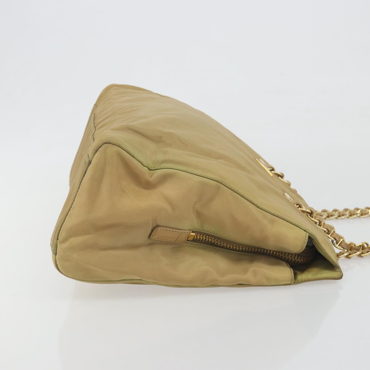 PRADA Chain Tote Bag Nylon Beige Gold Auth 194329