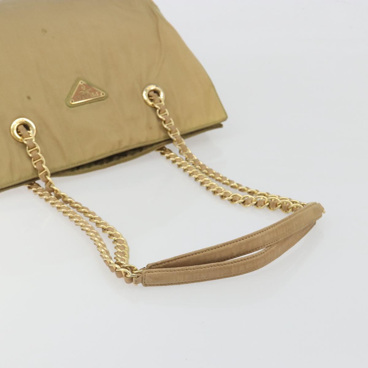 PRADA Chain Tote Bag Nylon Beige Gold Auth 194329