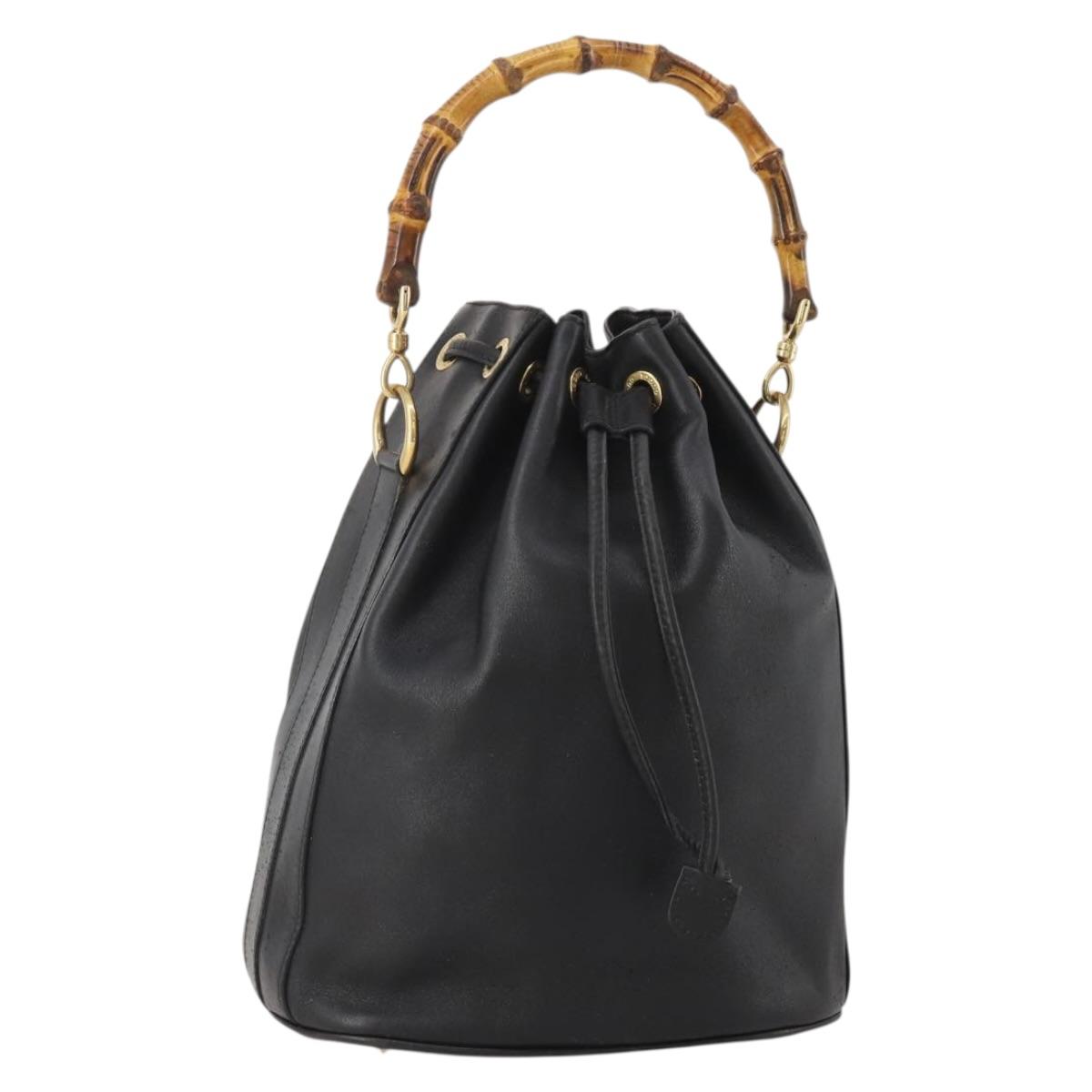 GUCCI Bamboo Hand Bag Leather Black Gold 001 2684 1657 Auth 194334