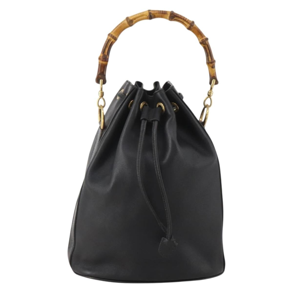 GUCCI Bamboo Hand Bag Leather Black Gold 001 2684 1657 Auth 194334