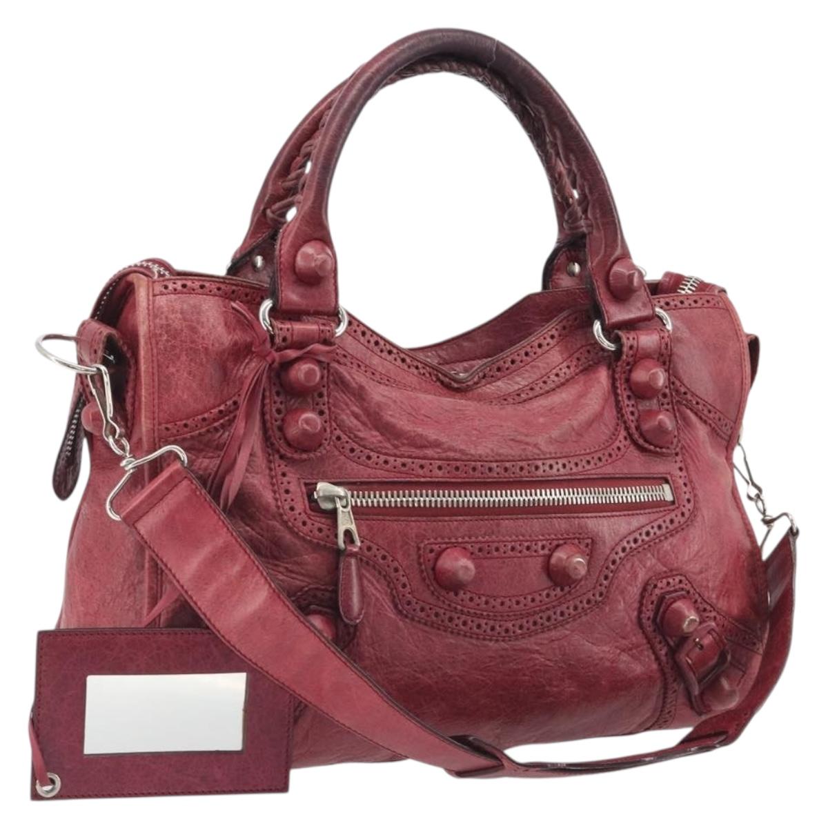 BALENCIAGA The Giant City Hand Bag Leather 2way Red Silver 204529 Auth 194336V