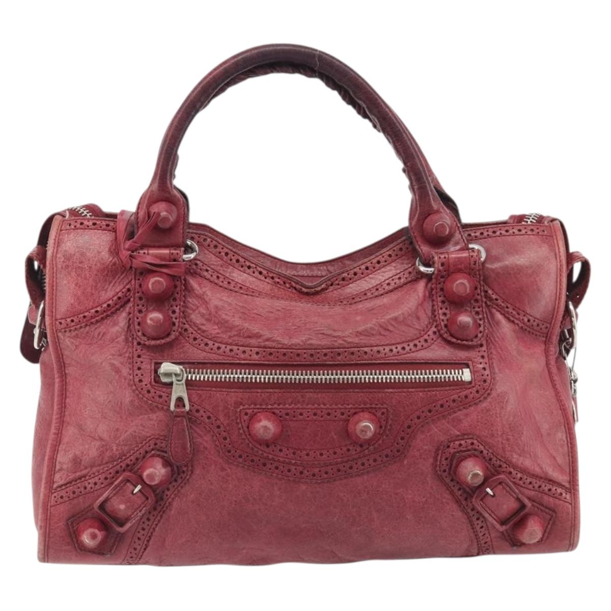 BALENCIAGA The Giant City Hand Bag Leather 2way Red Silver 204529 Auth 194336V
