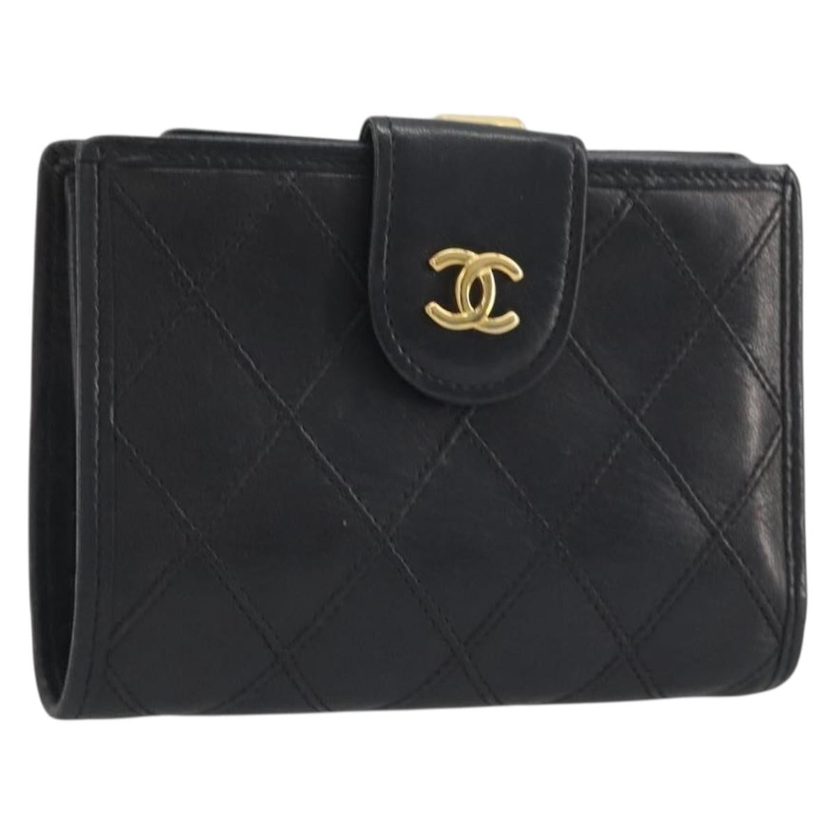 CHANEL Bicolore Bifold Wallet Lamb Skin Black Gold CC Auth 194348A