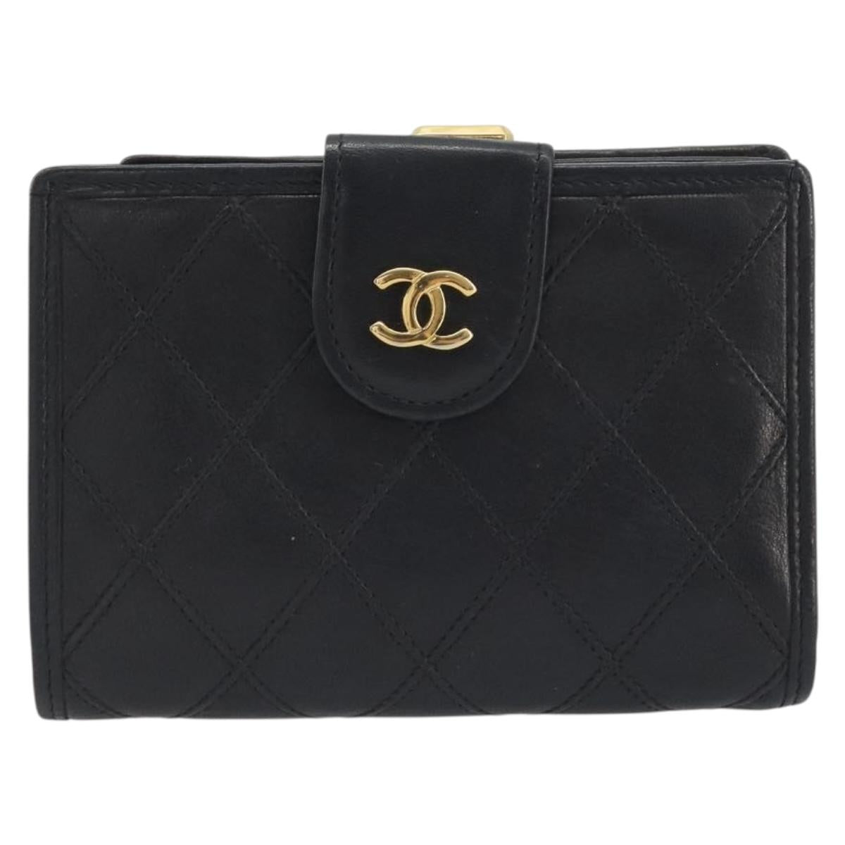 CHANEL Bicolore Bifold Wallet Lamb Skin Black Gold CC Auth 194348A