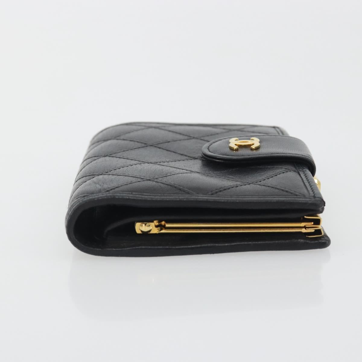 CHANEL Bicolore Bifold Wallet Lamb Skin Black Gold CC Auth 194348A