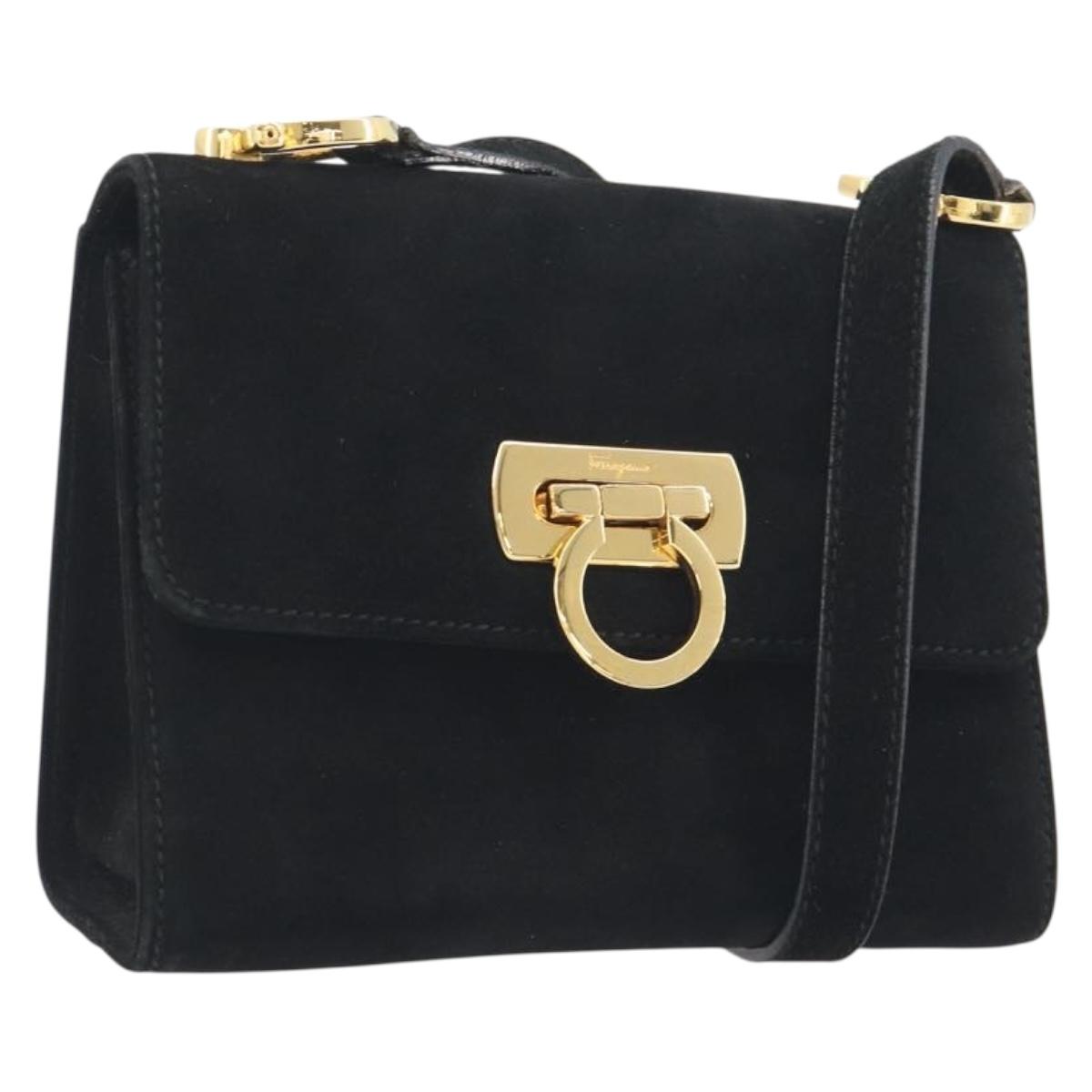 Salvatore Ferragamo Gancini Shoulder Bag Suede Black Gold Auth 194354A