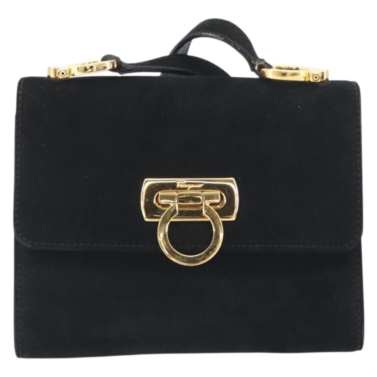 Salvatore Ferragamo Gancini Shoulder Bag Suede Black Gold Auth 194354A