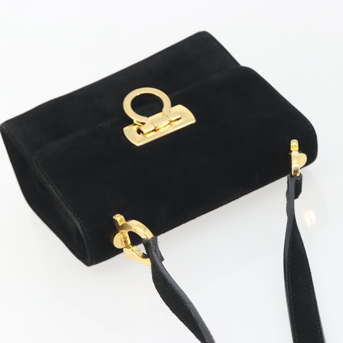 Salvatore Ferragamo Gancini Shoulder Bag Suede Black Gold Auth 194354A