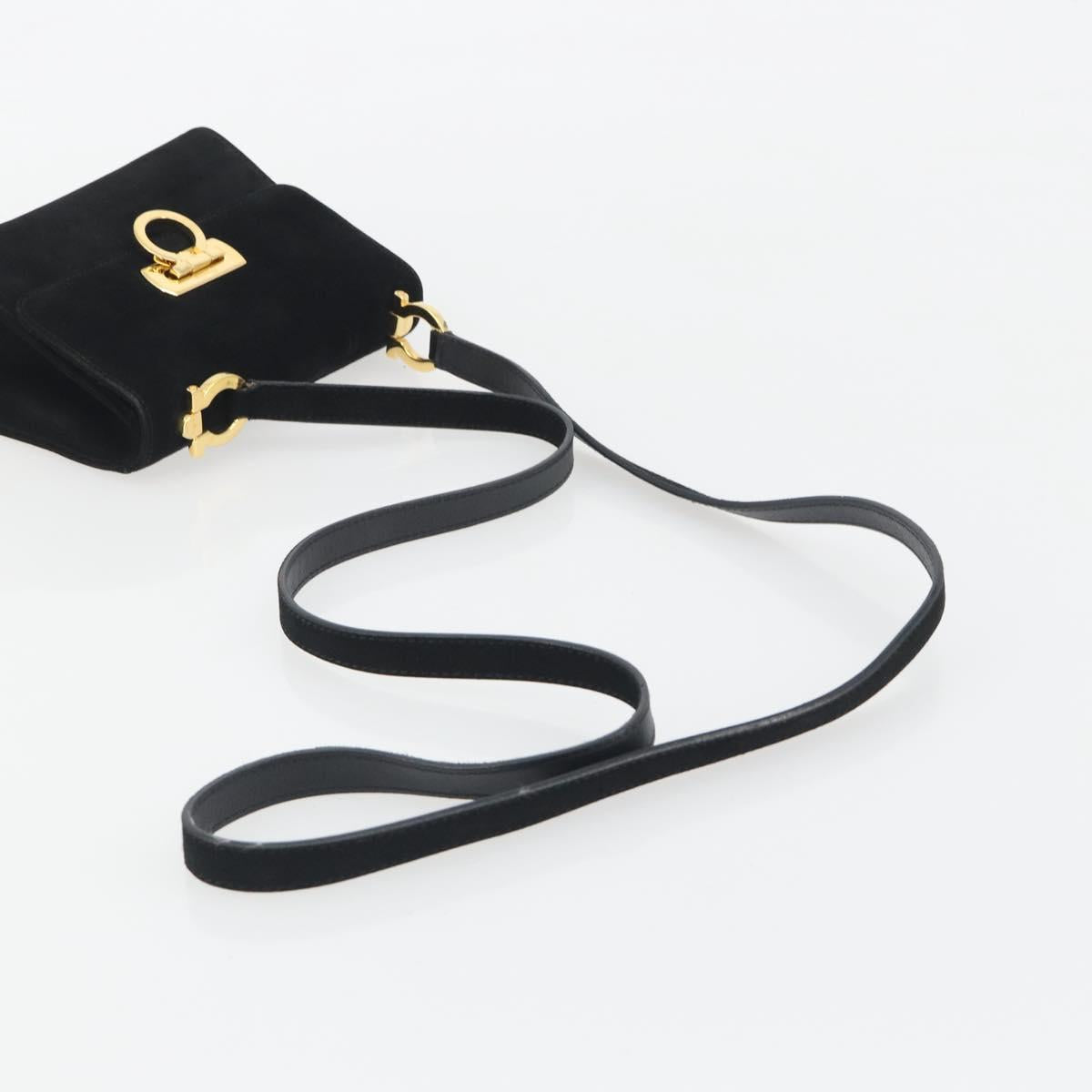 Salvatore Ferragamo Gancini Shoulder Bag Suede Black Gold Auth 194354A