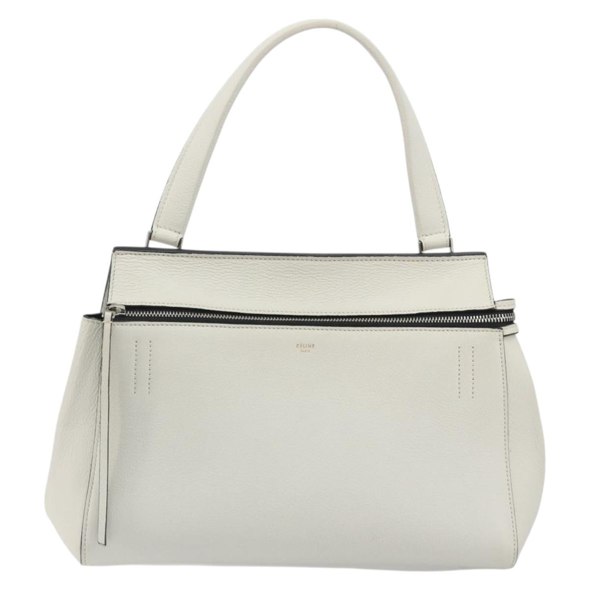 CELINE Edge Medium Hand Bag Leather White Silver Auth 194359A