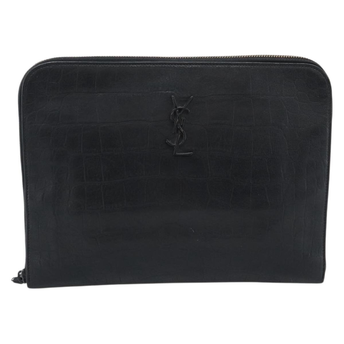 SAINT LAURENT Clutch Bag Leather Embossed Black Auth 194360A