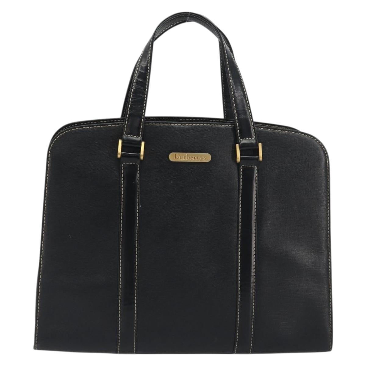 Burberrys Hand Bag Leather Black Gold Auth 194380