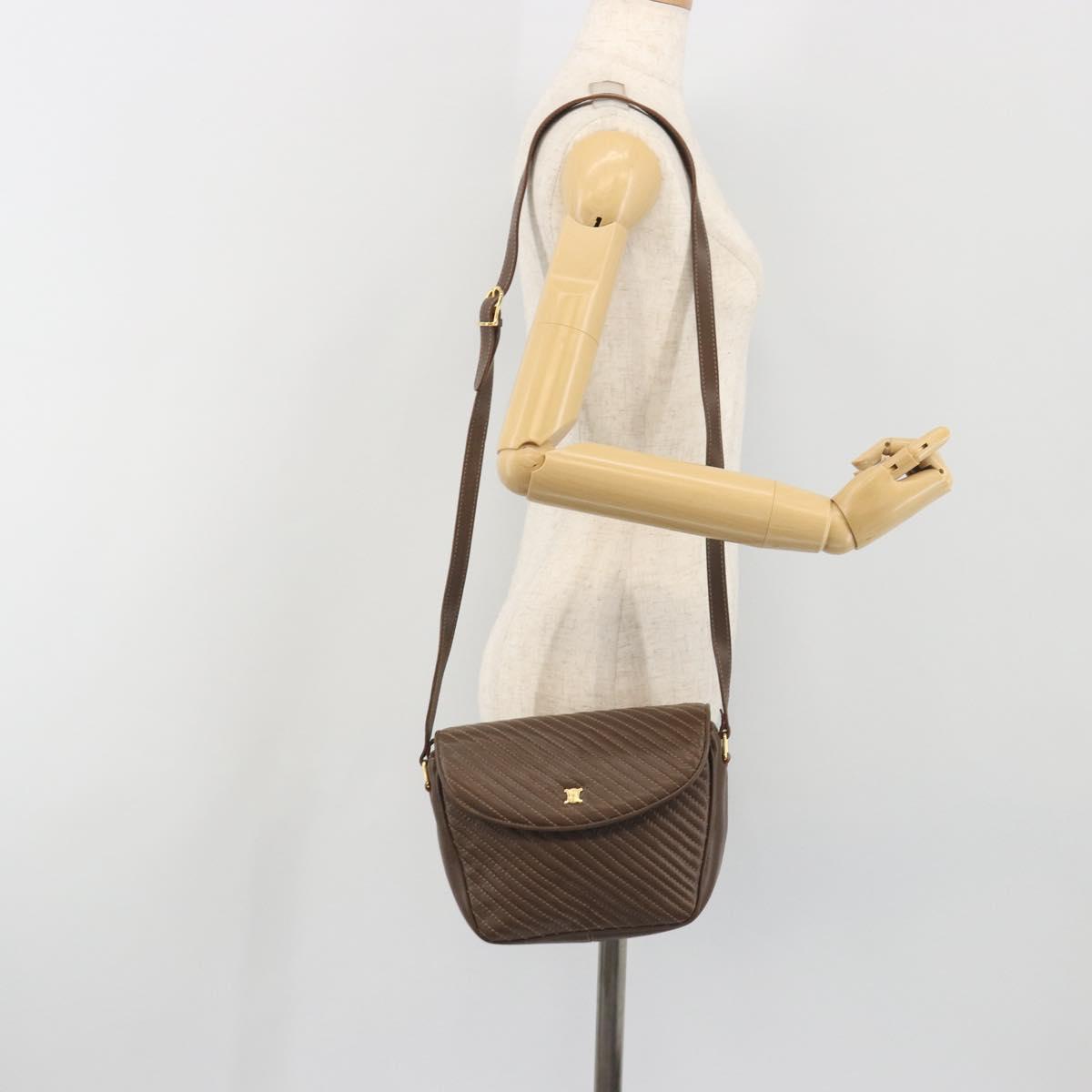 CELINE Shoulder Bag Leather Brown Gold Auth 194395A