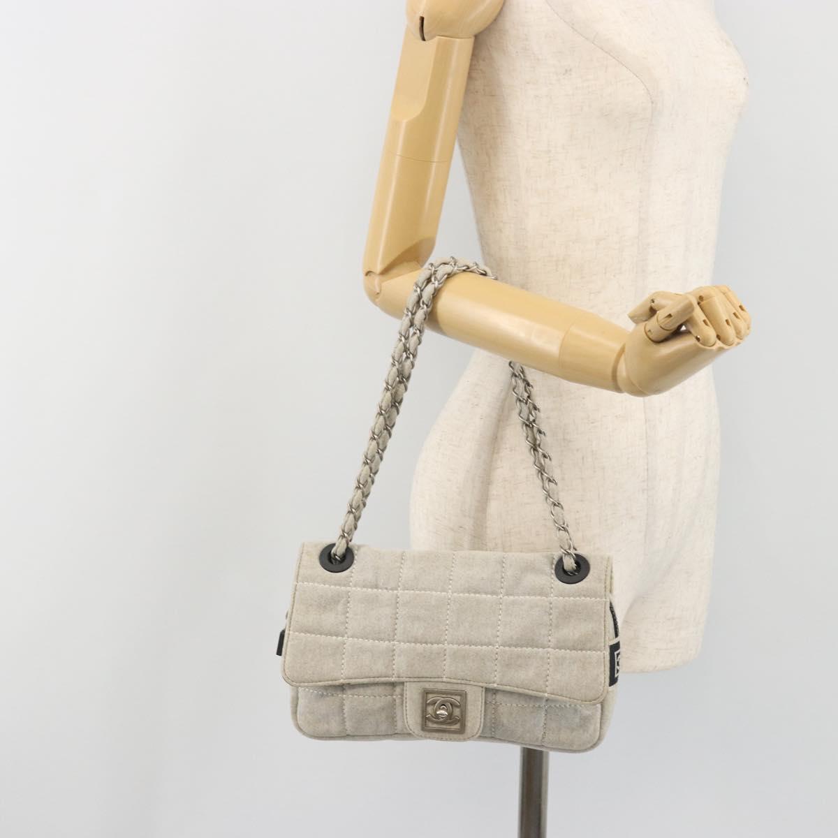 CHANEL Sports Line Choco Bar Chain Bag Cotton Gray Silver CC Auth 194404A
