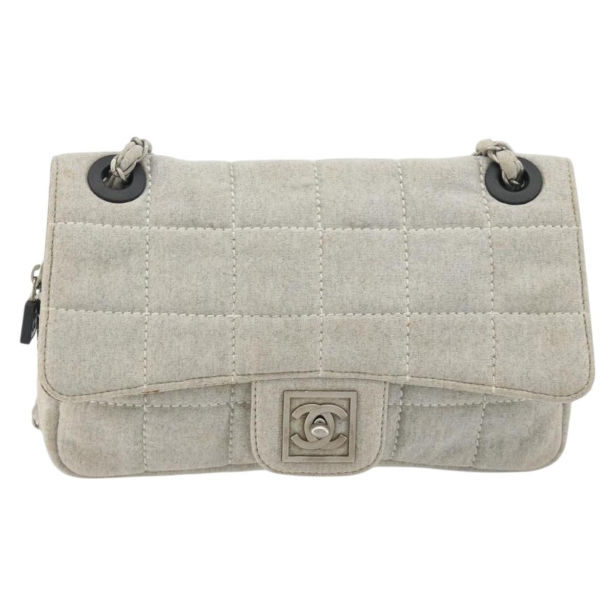 CHANEL Sports Line Choco Bar Chain Bag Cotton Gray Silver CC Auth 194404A