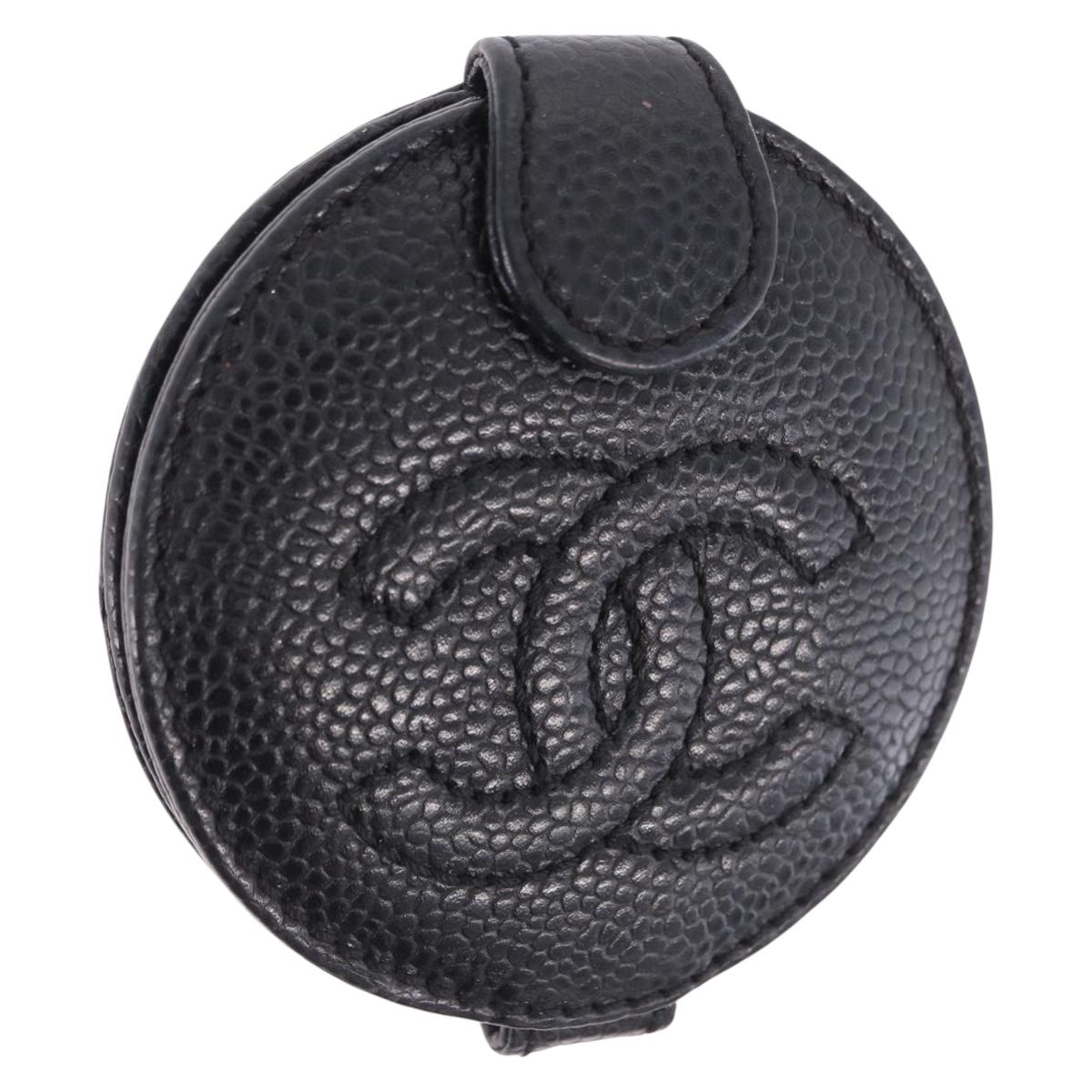 CHANEL COCO Mark Hand Mirror Caviar Skin Black CC Auth 194410M