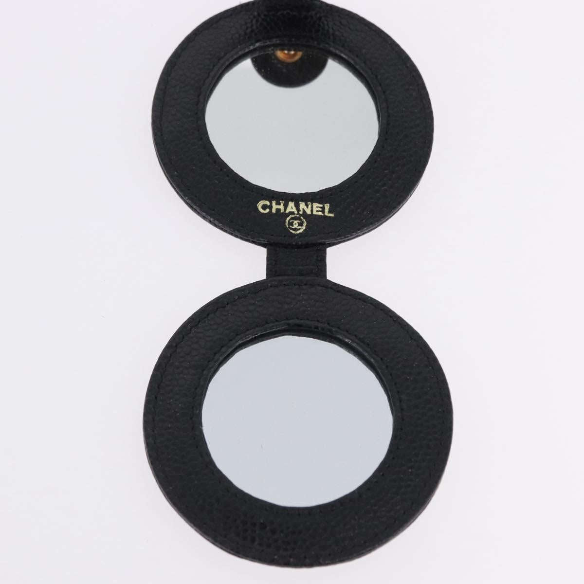 CHANEL COCO Mark Hand Mirror Caviar Skin Black CC Auth 194410M