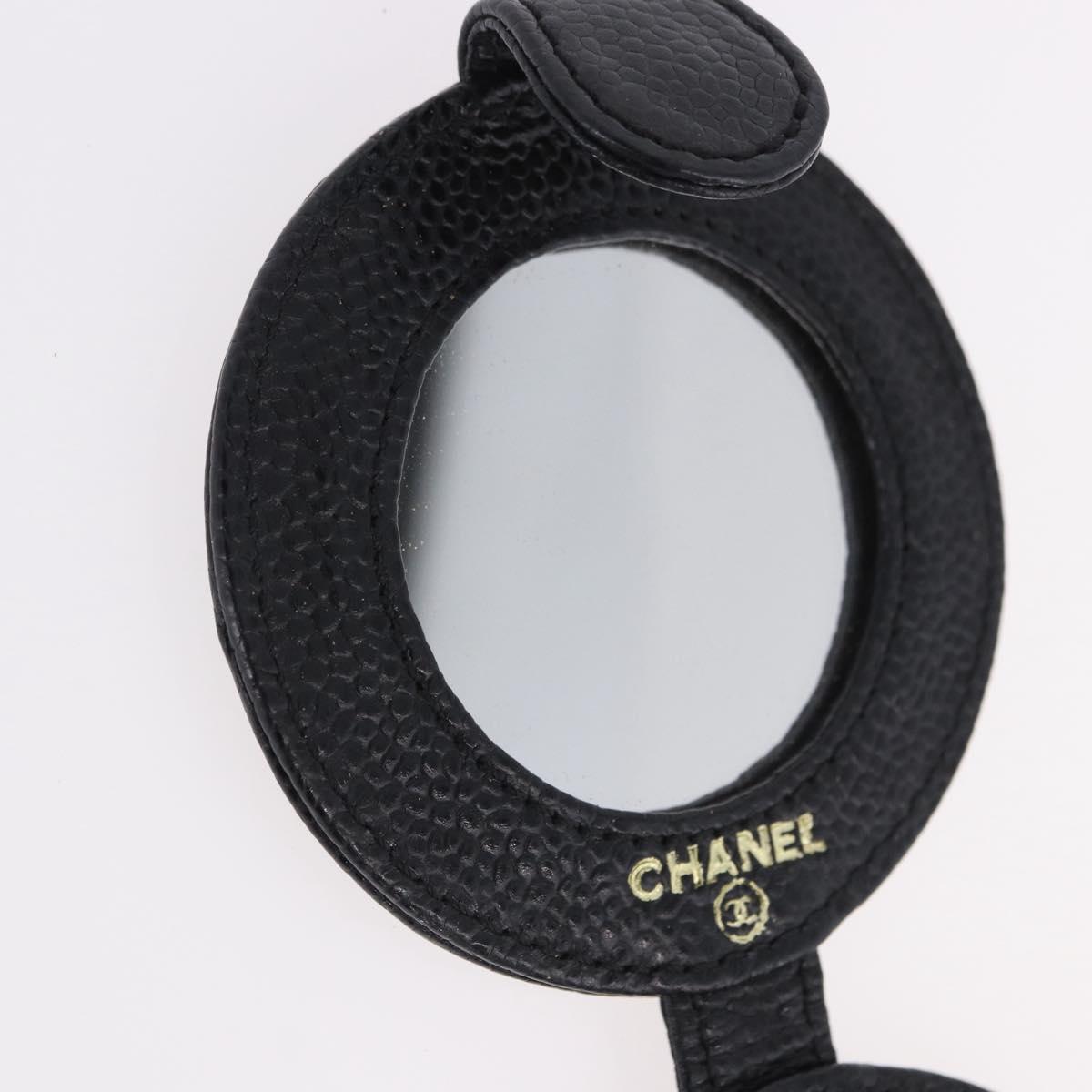 CHANEL COCO Mark Hand Mirror Caviar Skin Black CC Auth 194410M