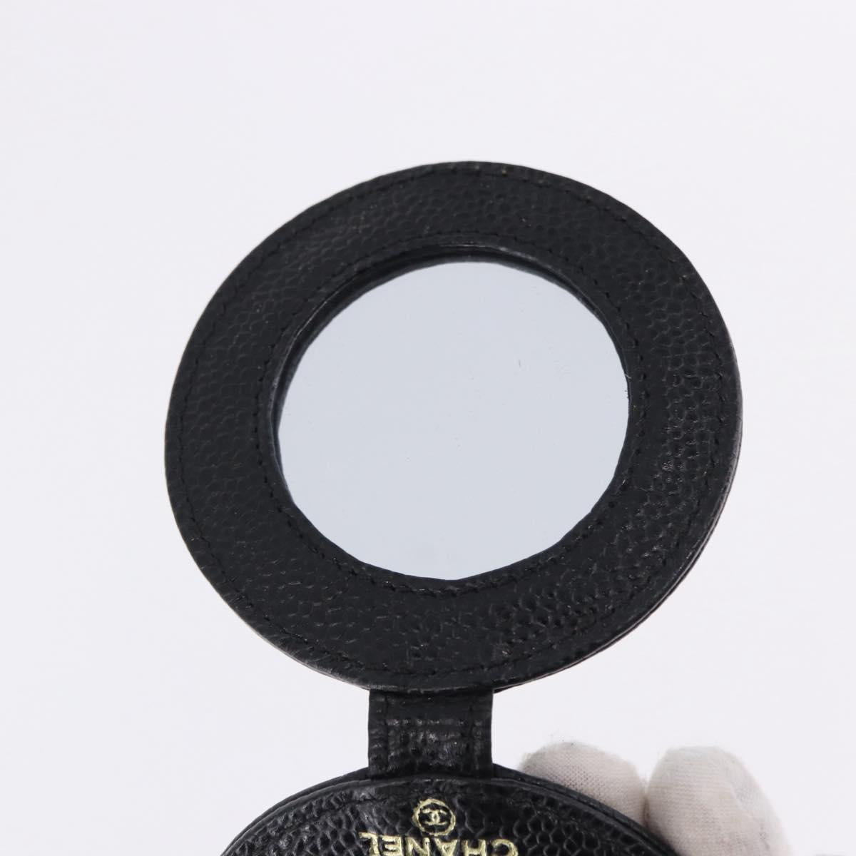 CHANEL COCO Mark Hand Mirror Caviar Skin Black CC Auth 194410M