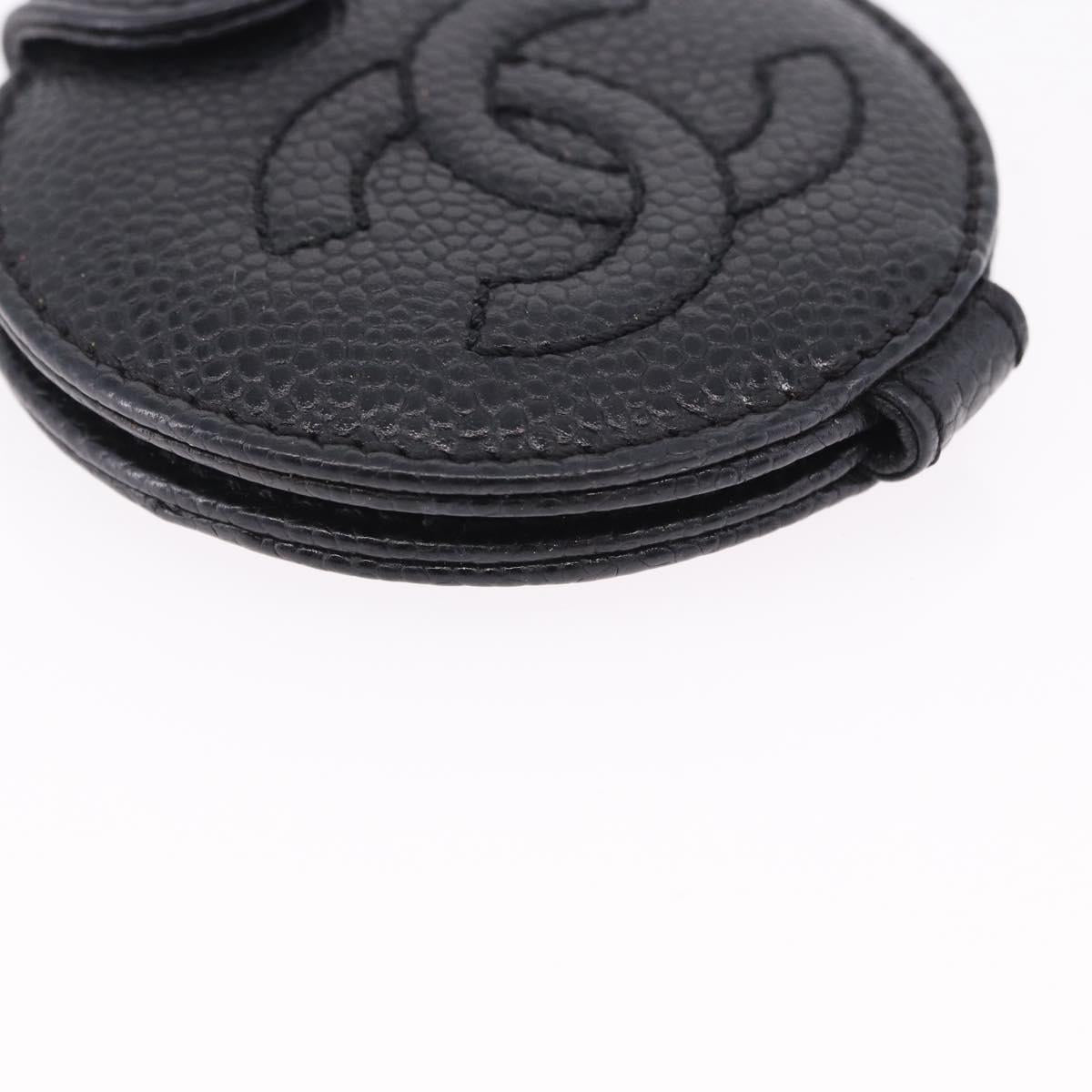 CHANEL COCO Mark Hand Mirror Caviar Skin Black CC Auth 194410M