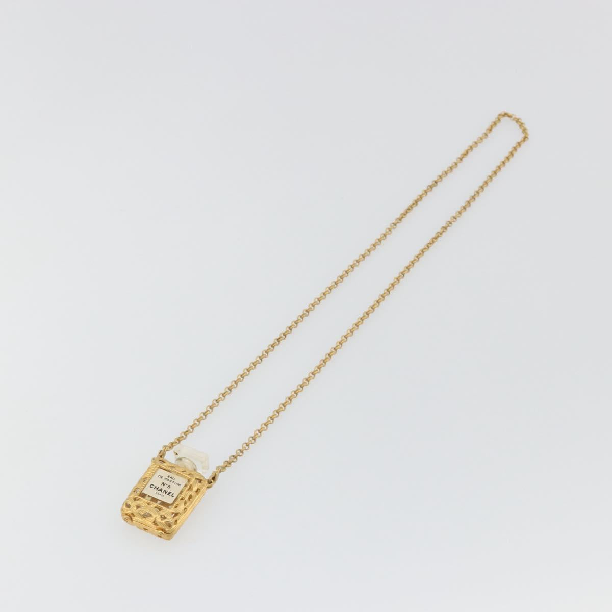 CHANEL Perfume Necklace Metal Gold Tone Clear CC Auth 194412