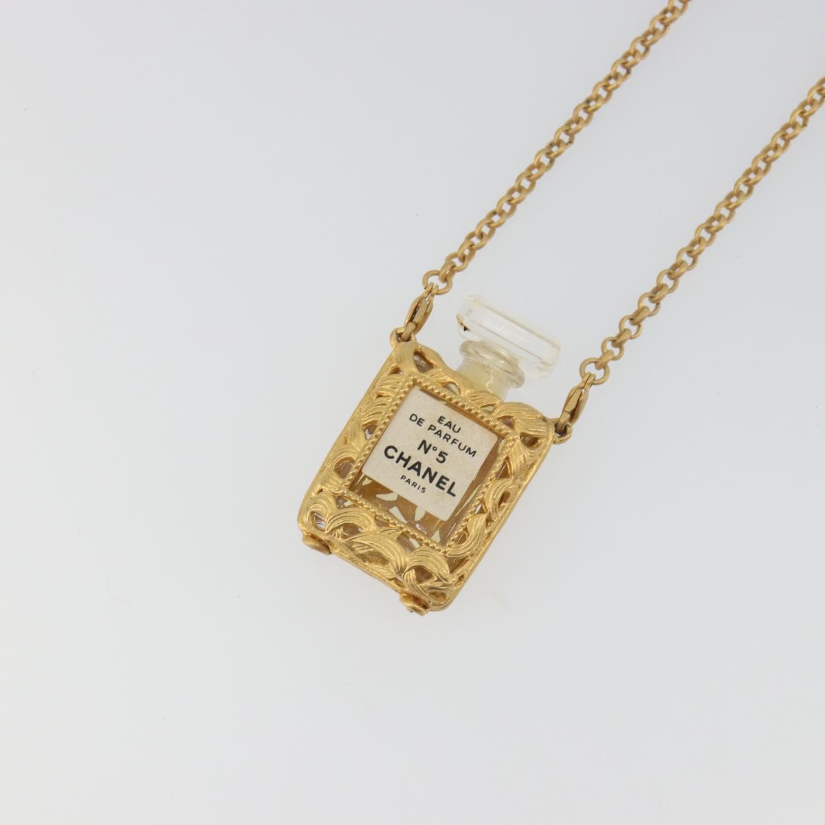 CHANEL Perfume Necklace Metal Gold Tone Clear CC Auth 194412