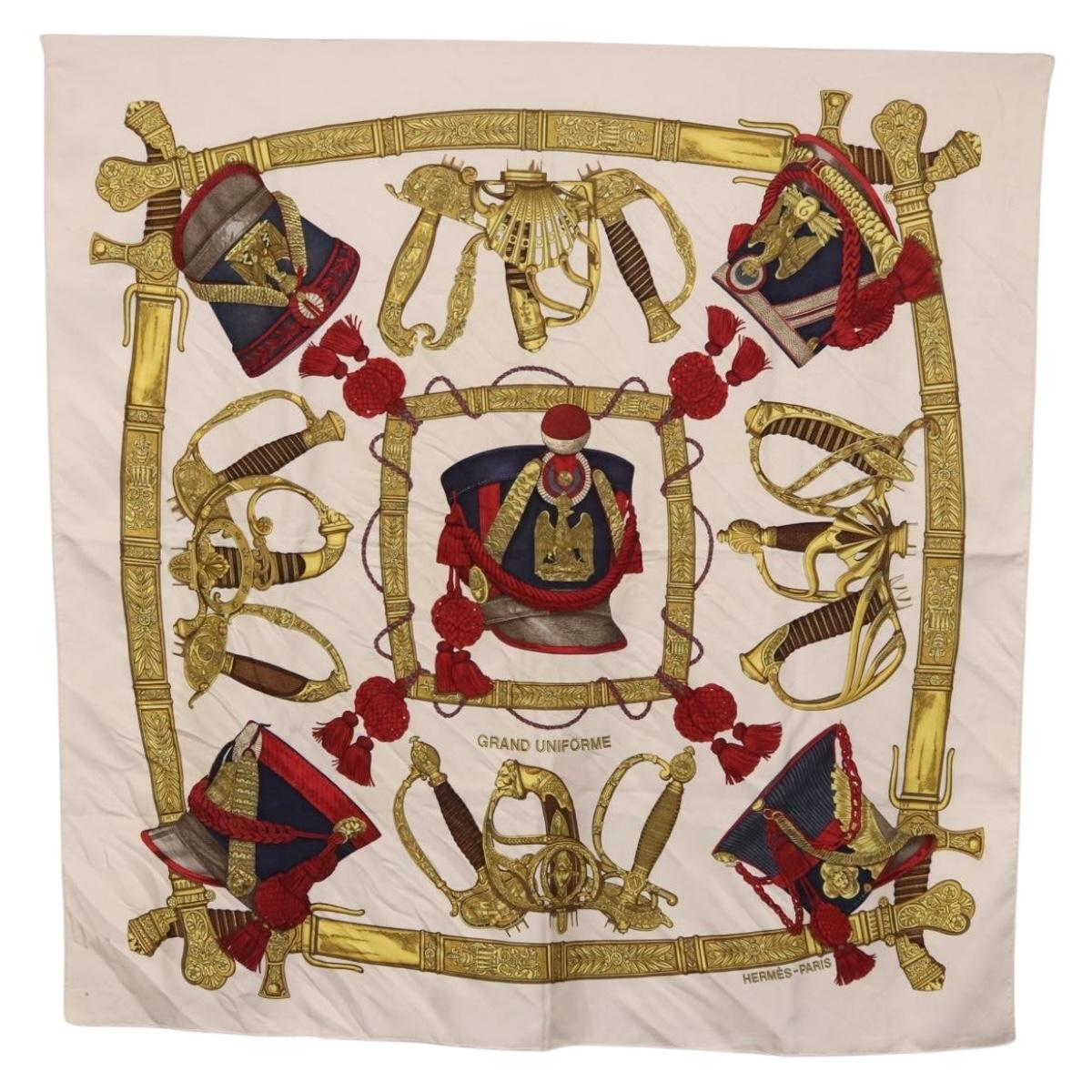 HERMES Carre 90 Scarf ”GRAND UNIFORME” Silk Beige Auth 194426