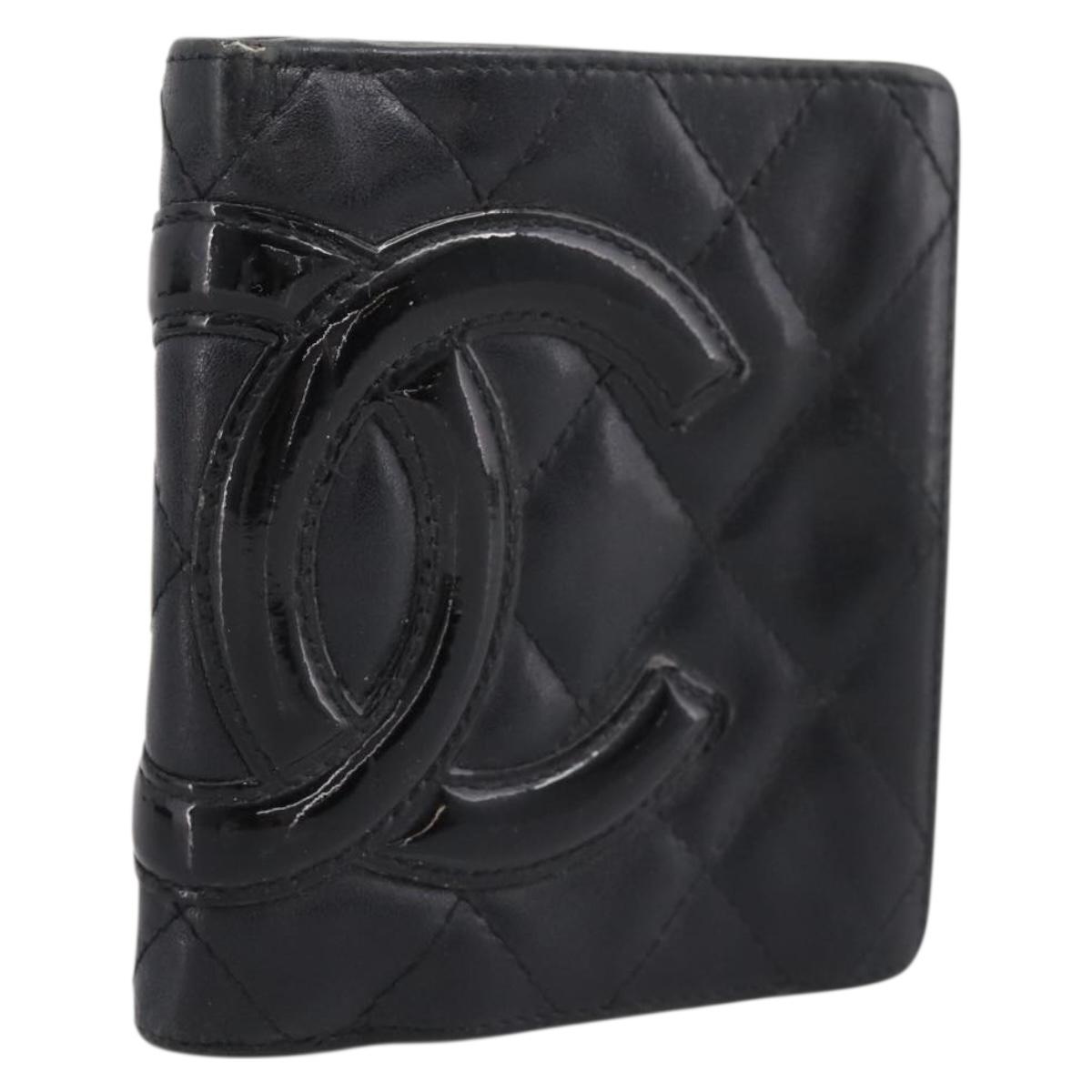 CHANEL Matelasse Cambon Line Bifold Wallet Leather Black Silver CC Auth 194479