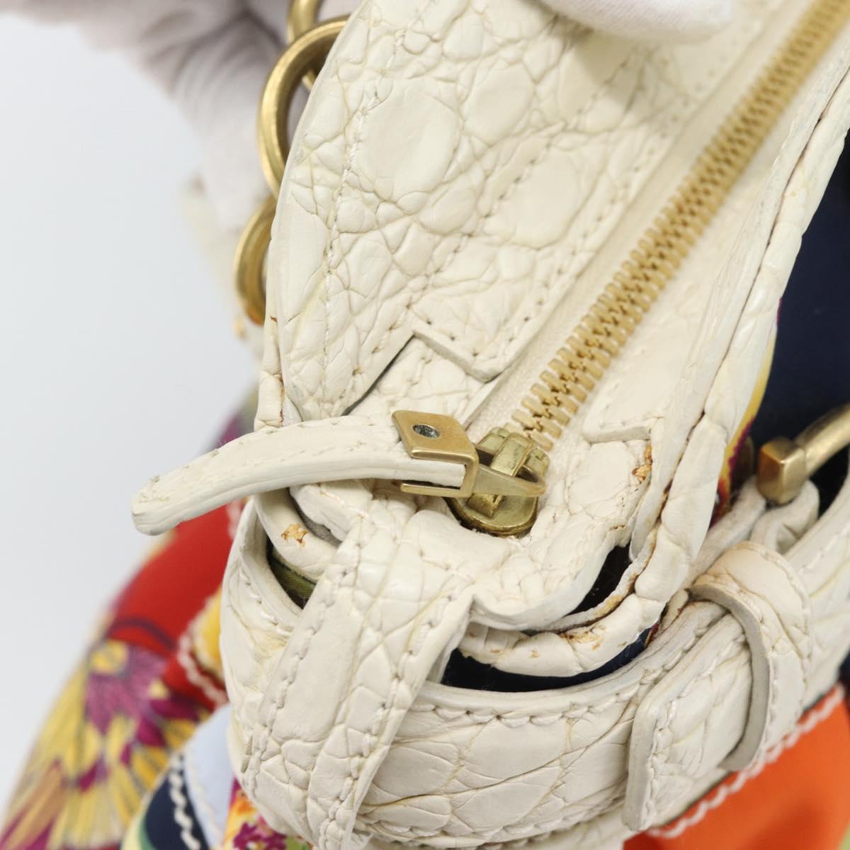Salvatore Ferragamo Gancini Chain Hand Bag Nylon White Gold Auth 194550A