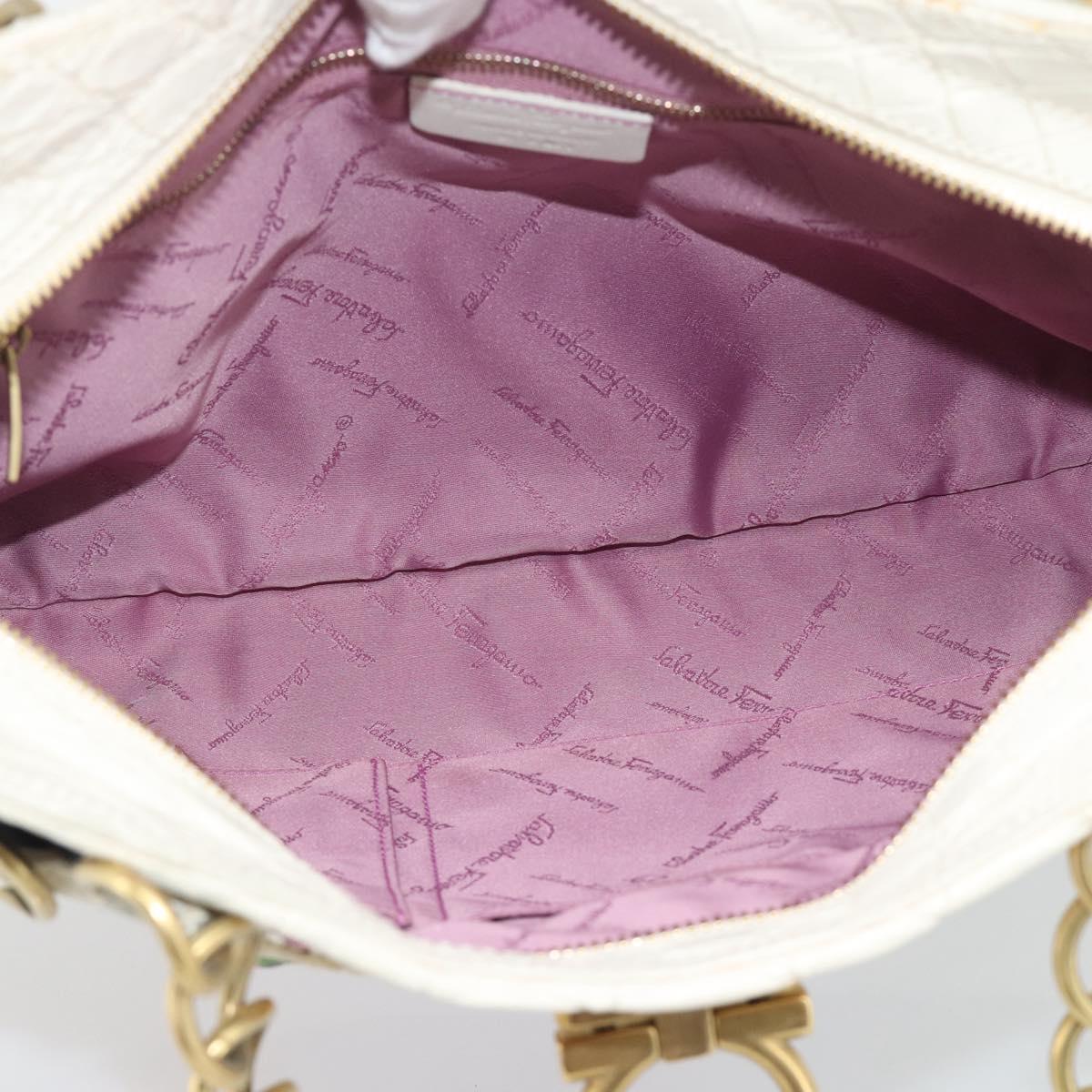Salvatore Ferragamo Gancini Chain Hand Bag Nylon White Gold Auth 194550A
