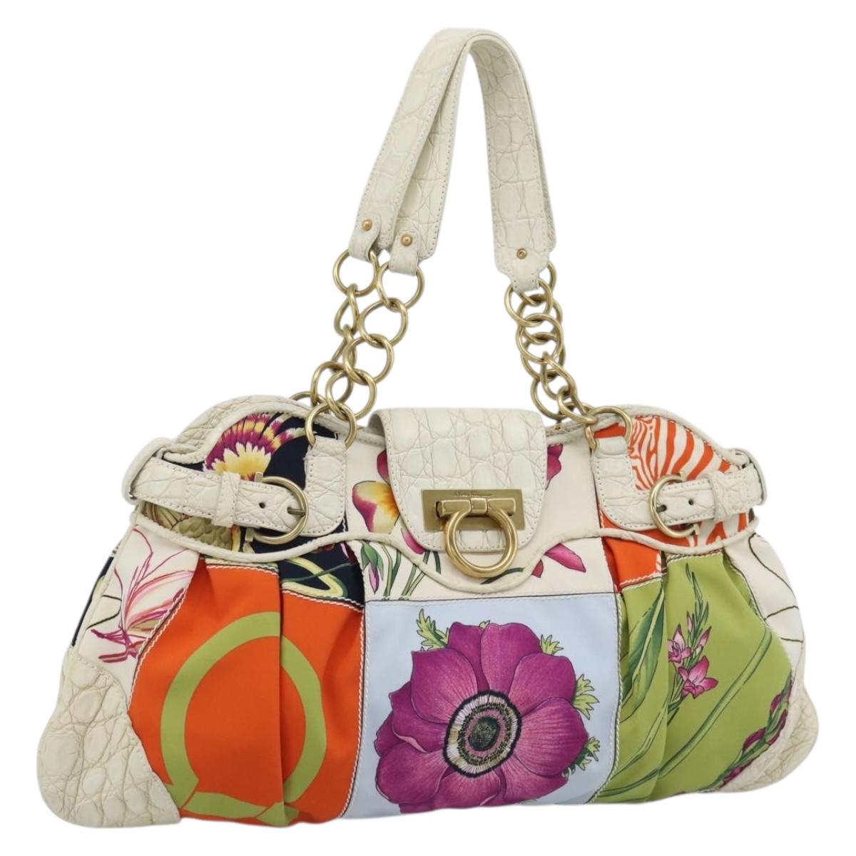 Salvatore Ferragamo Gancini Chain Hand Bag Nylon White Gold Auth 194550A